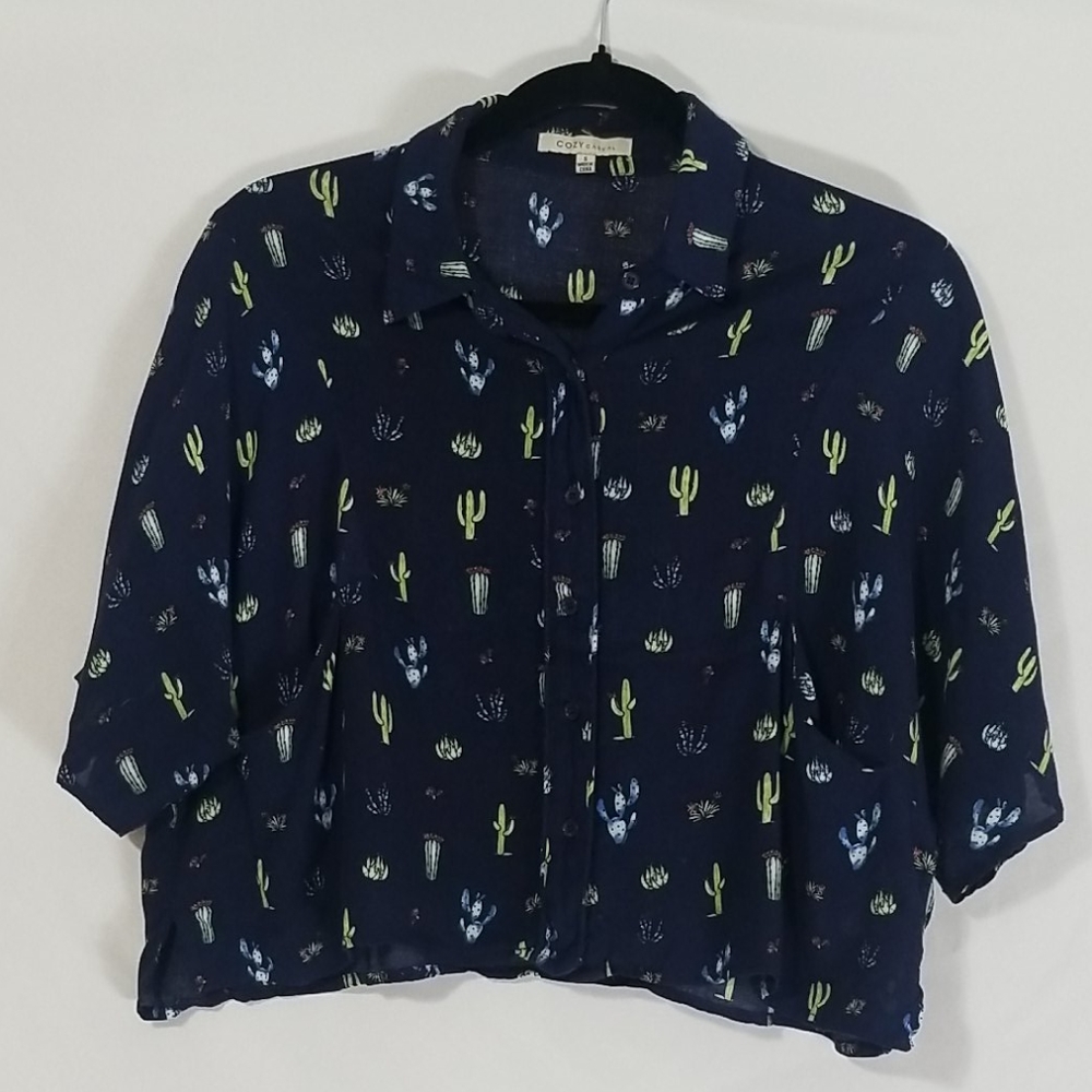 Cactus Print Crop Top Button Down